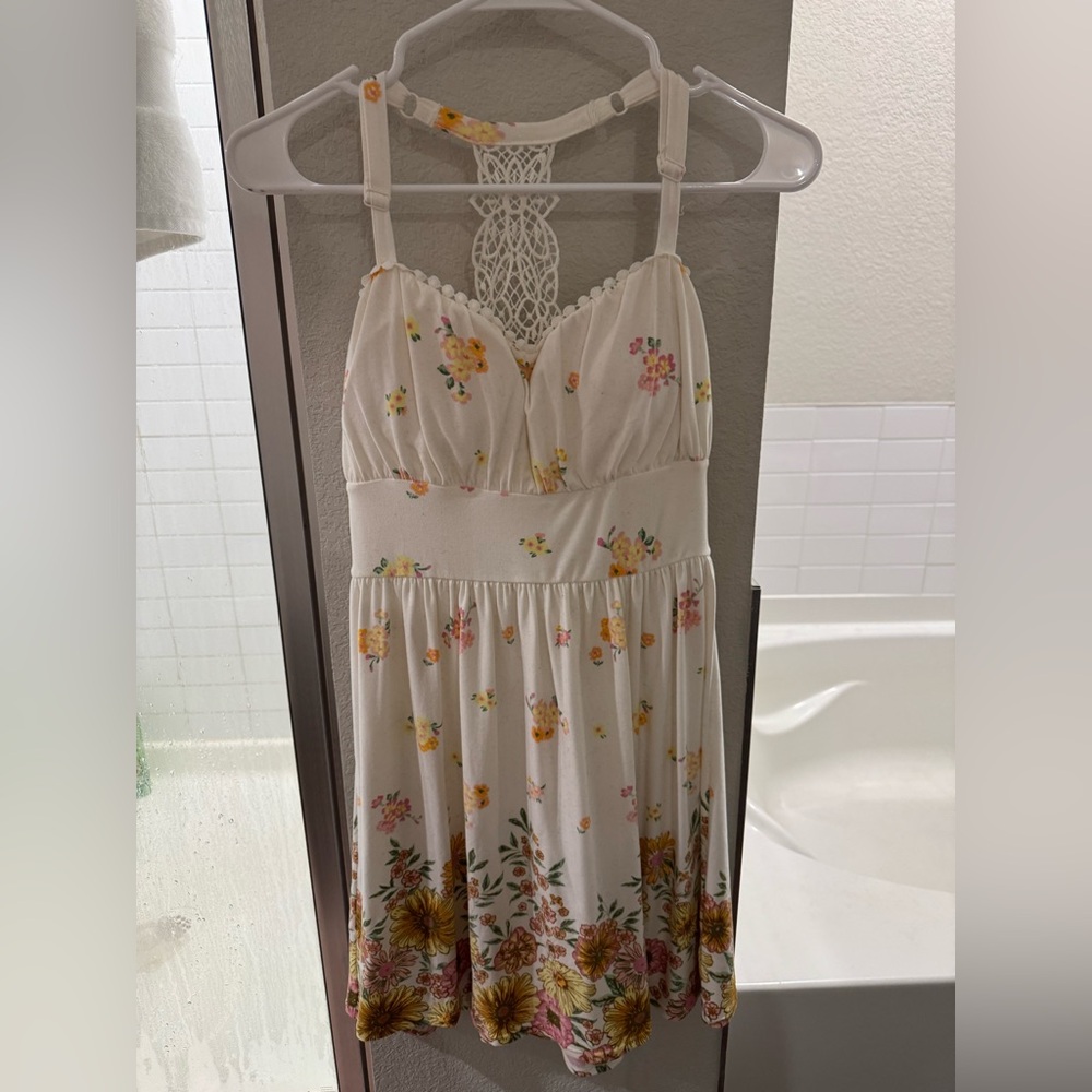 White Dress with Yellow and Pink Floral Accents